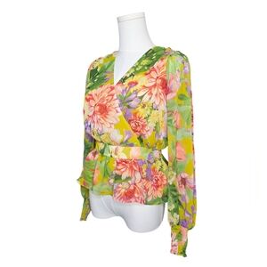 EXPRESS Olive Ground Floral Peplum Blouse w/ Smocking Cuff